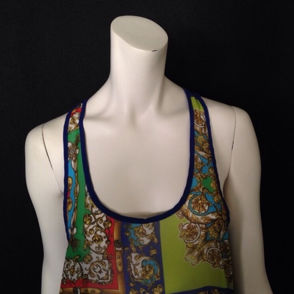 Ladies Sheer Polyester Printed Blue Multicolor Racer Back Tank By Soprano Size S - Picture 5 of 9